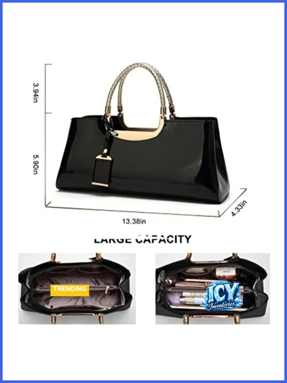 Patent Leather Structured Satchel Handbag Evening Party Crossbody Top Handle